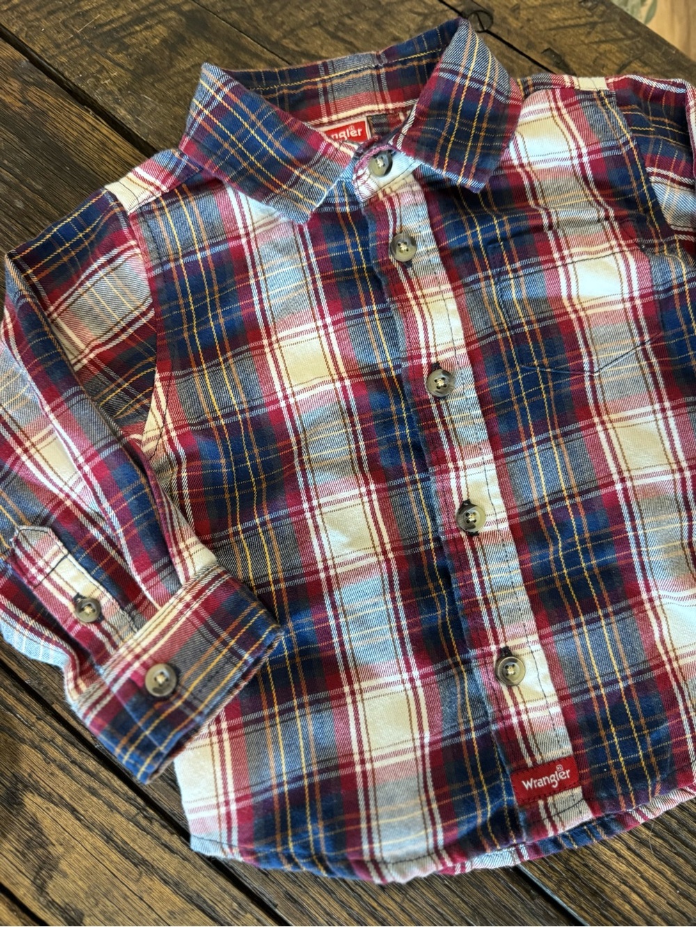 Wrangler Baby Red, Navy and White Plaid Button-Down Long Sleeve Shirt 12 Months
